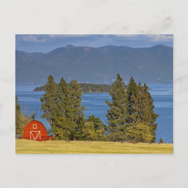 Red barn sits along scenic Flathead Lake near Postcard (Front)