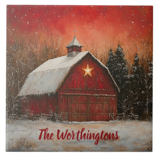 Red Barn & Snow Orange Winter Sunset Farmhouse  Tile