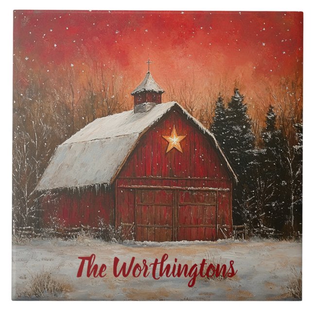 Red Barn & Snow Orange Winter Sunset Farmhouse  Tile (Front)