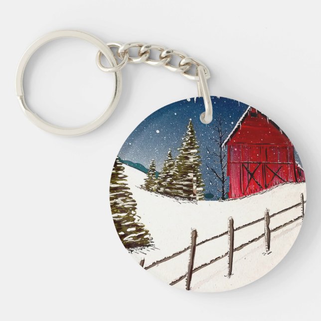 Red Barn Snowy Landscape  Keychain (Front)