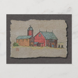 Red Barn & Two Buggies Postcard