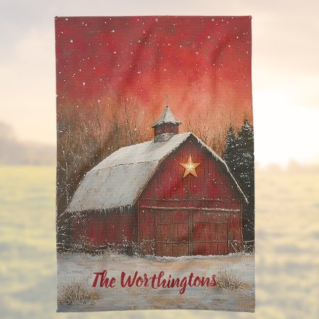 Red Barn w Star n Winter Trees Farmhouse Monogram Kitchen Towel (Creator Uploaded)