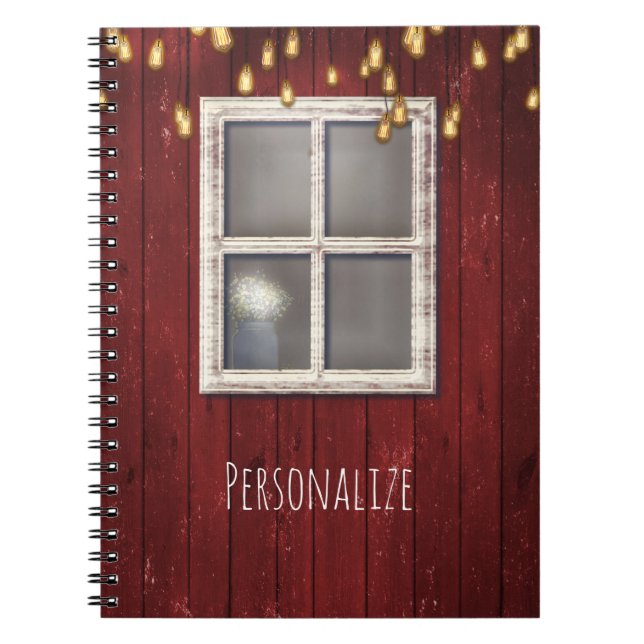 Red Barn Window & Lights Rustic Country Farmhouse Notebook (Front)