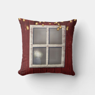 Red Barn Window & Lights Rustic Country Farmhouse Throw Pillow