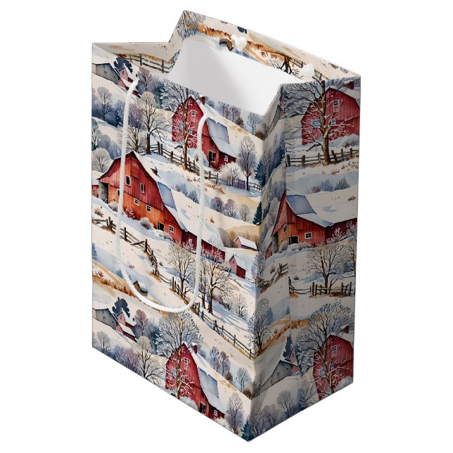 Red Barn Winter on the Farm Medium Gift Bag (Front Angled)