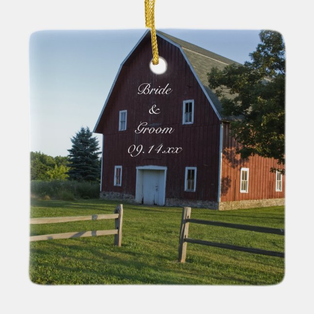 Red Barn with Fence Country Engagement Ceramic Ornament (Front)