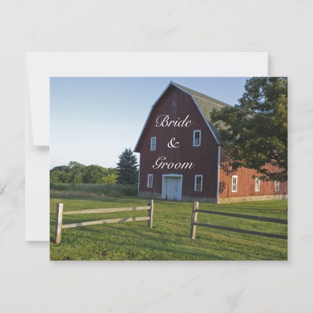 Red Barn with Fence Country Wedding Flat Note Card (Front)