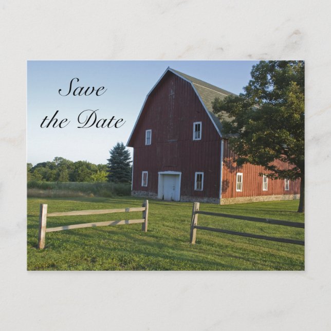 Red Barn with Fence Country Wedding Save the Date Announcement Postcard (Front)