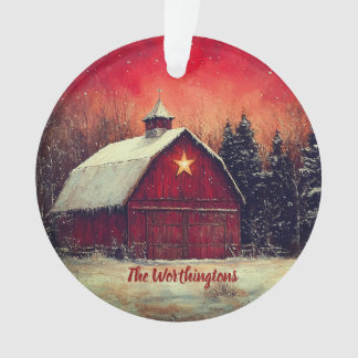 Red Barn with Star and Trees Farmhouse Monogram Ornament