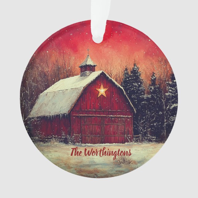 Red Barn with Star and Trees Farmhouse Monogram Ornament (Front)