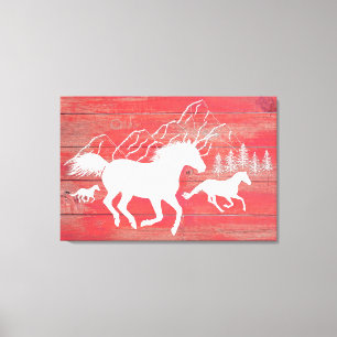 Red Barn Wood Galloping Horses Silhouette Canvas Print