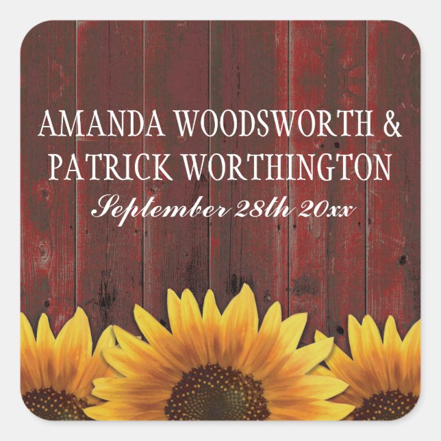 Red Barn Wood Rustic Sunflower Wedding Favours Square Sticker (Front)