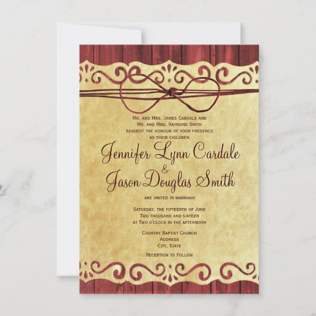 Red Barn Wood Vintage Paper Wedding Invitations (Front)