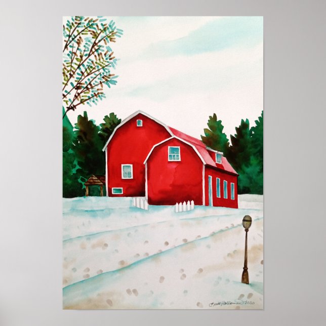 Red Barns in Snow - Watercolor Landscape Art Print (Front)
