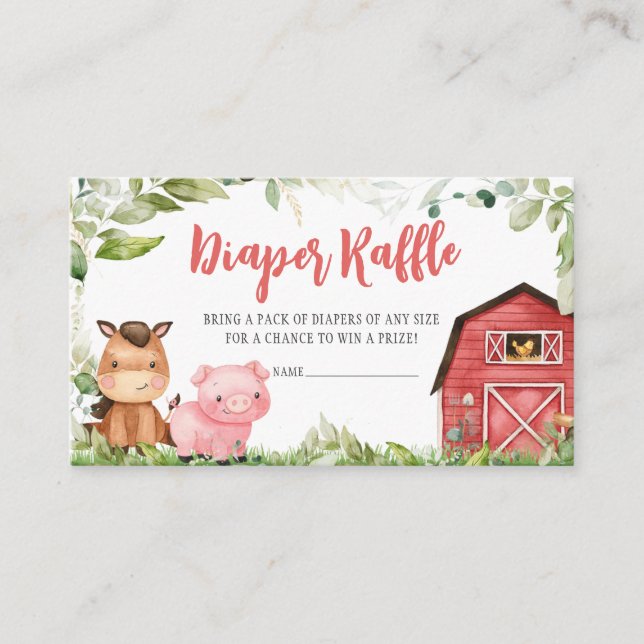 Red Barnyard Farm Baby Shower Diaper Raffle Enclosure Card (Front)