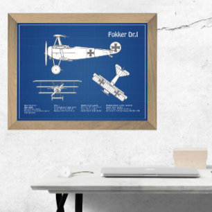 Red Baron Fokker Dr.1 - Airplane Blueprint ABD Photo Print