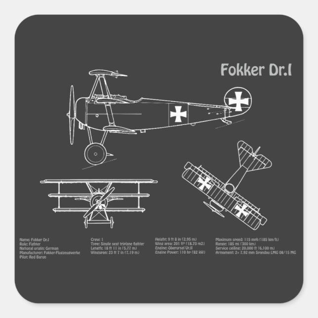 Red Baron Fokker Dr.1 - Airplane Blueprint PD Square Sticker (Front)