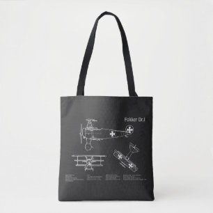 Red Baron Fokker Dr.1 - Airplane Blueprint PD Tote Bag