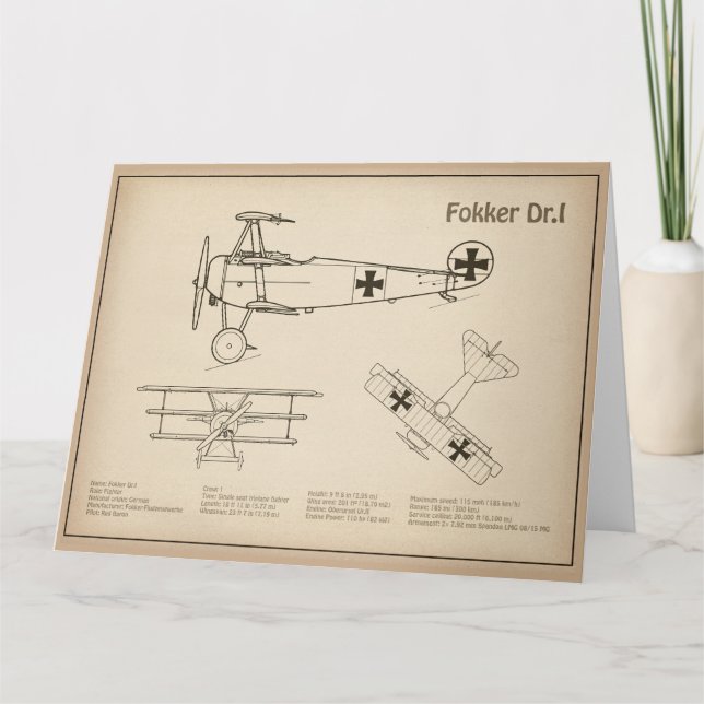 Red Baron Fokker Dr.1 - Airplane Blueprint SD Thank You Card (Front)
