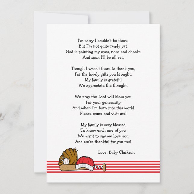 Red Baseball Baby Shower Thank you note with poem Card (Front)