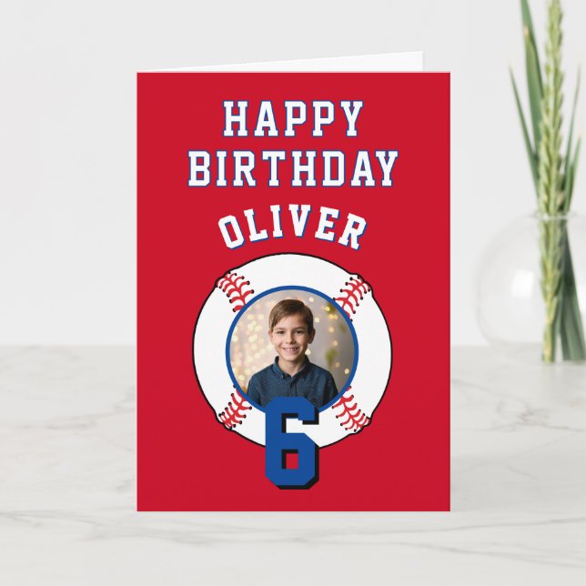 Red Baseball Ball Kids Birthday Photo Card (Front)