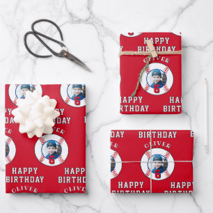 Red Baseball Ball Kids Birthday Photo Wrapping Paper Sheet