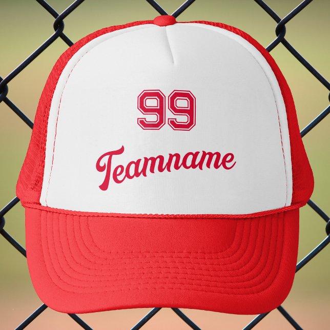 Red Baseball Custom Player Number & Team Name Trucker Hat (Creator Uploaded)