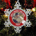 Red Baseball Player Photo Custom High School Snowflake Pewter Christmas Ornament<br><div class="desc">This cool customized high school baseball player photo gift features white typography of your team and player name on a red Christmas ornament with a ball. Personalize with your student's photograph and class year as a proud sports parent for a great commemorative keepsake.</div>