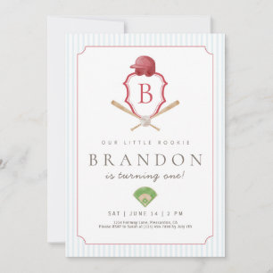 Red Baseball Preppy Crest 1st Birthday  Invitation