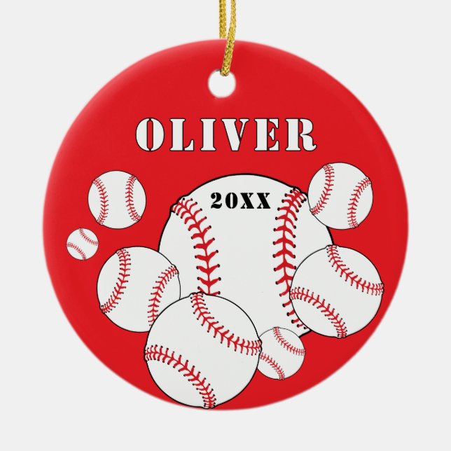 Red Baseball Sports Kids Keepsake Christmas Ceramic Ornament (Front)