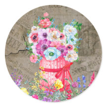 Red Basket, Watercolor Flowers, Vintage Newspaper