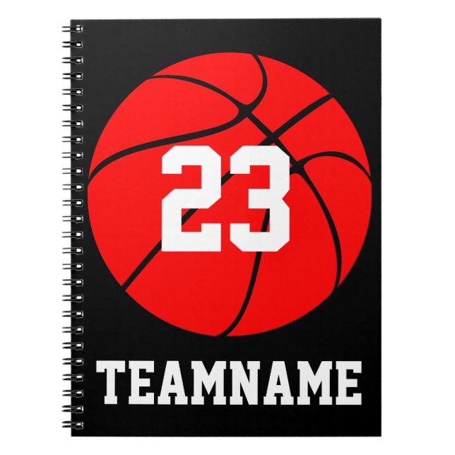 Red Basketball Custom Team & Jersey Number School Notebook (Front)