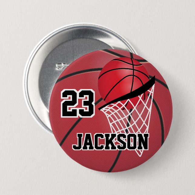 Red Basketball Design | Personalize 3 Inch Round Button (Front & Back)