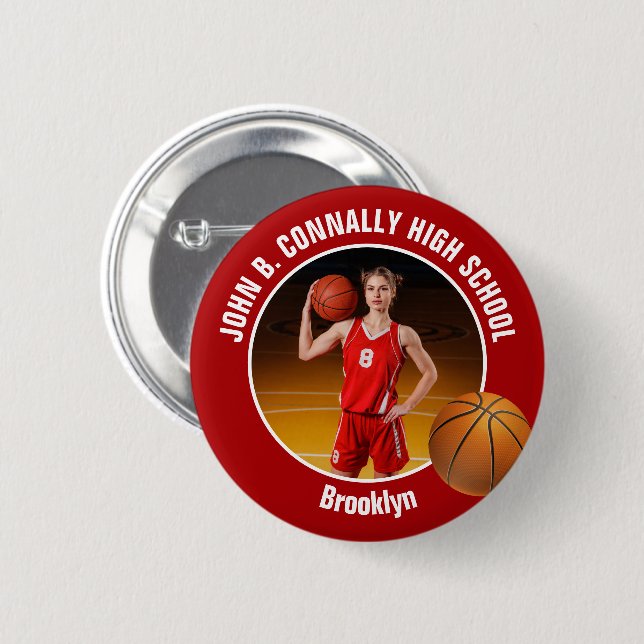 Red Basketball Player Photo High School Spirit 2 Inch Round Button (Front & Back)