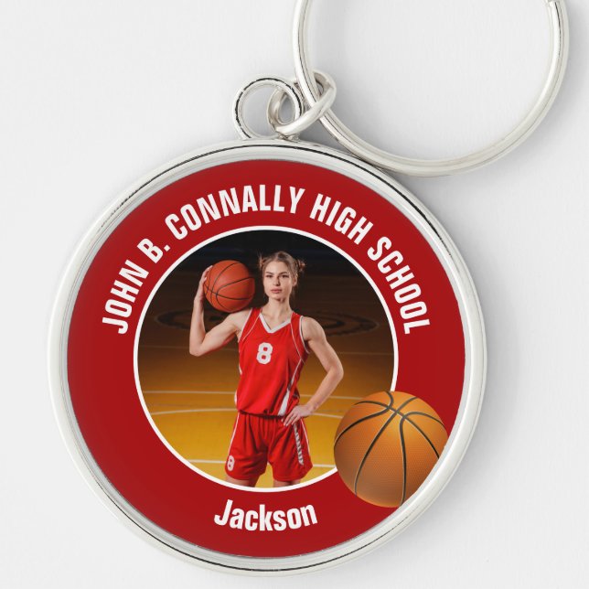 Red Basketball Player Photo High School Spirit Keychain (Front)
