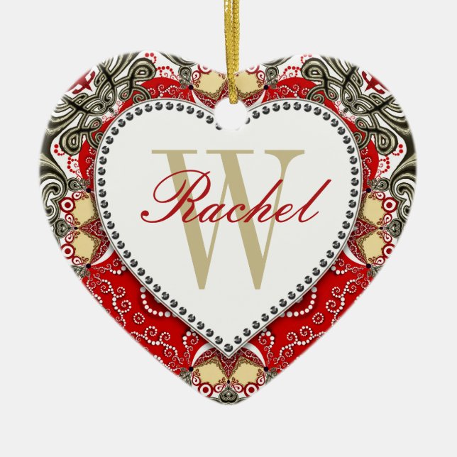 Red Batik Monogram Love Heart Ornament (Front)