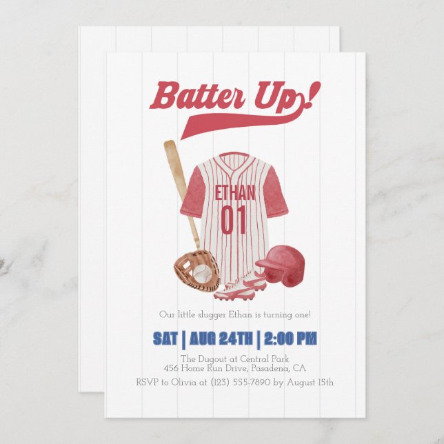 Red Batter Up Baseball First Birthday Invitation (Devant / Derrière)