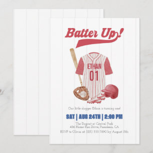 Red Batter Up Baseball First Birthday Invitation