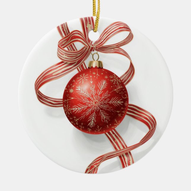 Red Bauble Ornament Gold Snowflake Ribbon (Front)