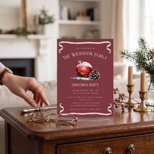 Red bauble pinecone watercolor Christmas party  Invitation