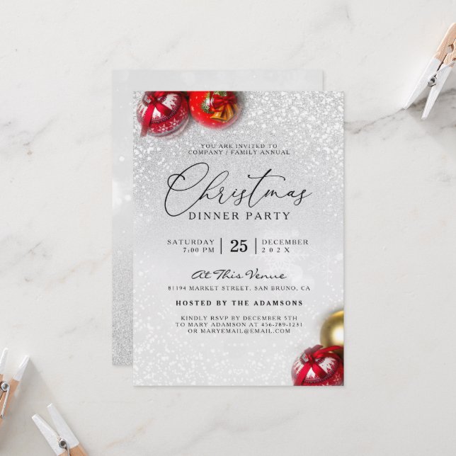 Red Baubles Silver Glitter Christmas Dinner Party Invitation (Front/Back In Situ)