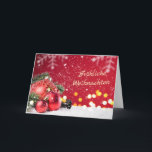 Red baubles, spruce branches German Christmas Holiday Card<br><div class="desc">Christmas red baubles with spruce branches and falling snow Polish Greeting Card. Text in front in German says: Merry Christmas. Inside in German too - Merry Christmas and a Happy New Year.</div>