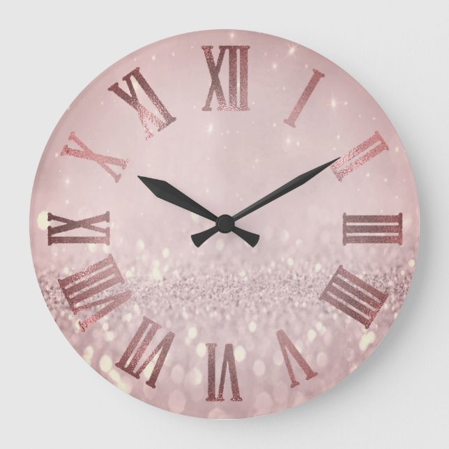 Red Bean Glitter Blush Metallic Roman Numers Large Clock (Front)