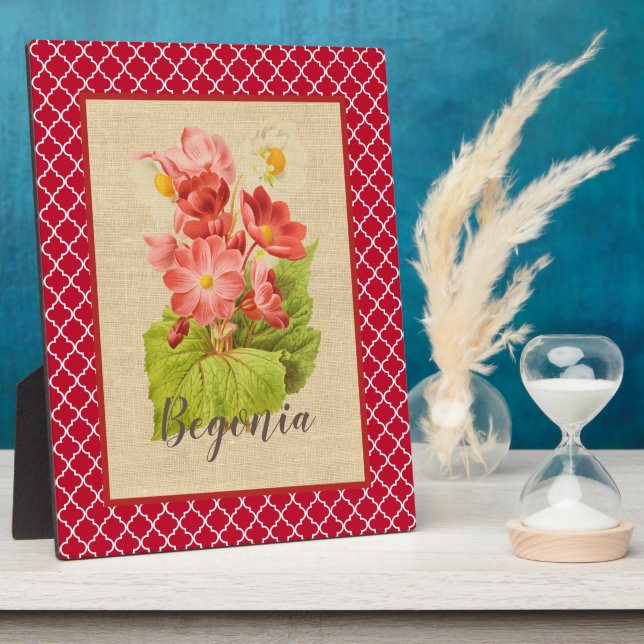 Red Begonia Botanical and Quatrefoil  Plaque (Side)