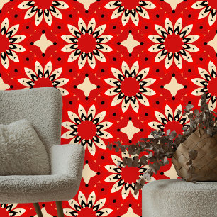 Red Beige Black Geometric Mandala Floral Blooms Wallpaper
