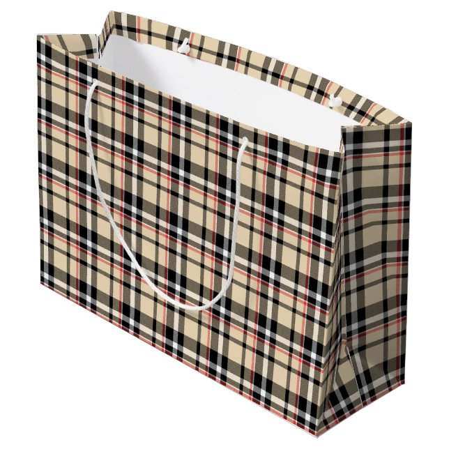 Red Beige Black White Squares Tartan Plaid Pattern Large Gift Bag (Back Angled)