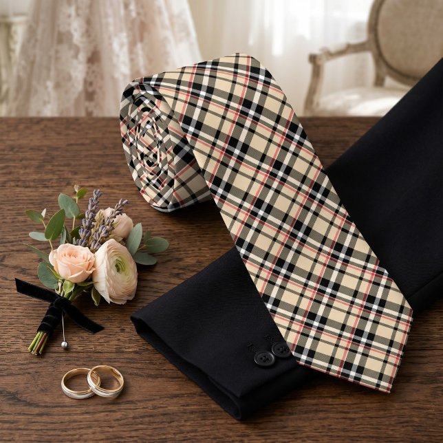 Red Beige Black White Squares Tartan Plaid Pattern Tie (Creator Uploaded)