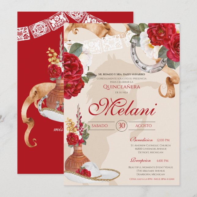 Red Beige Elegant Rose Charro Mariachi Quinceanera Invitation (Front/Back)
