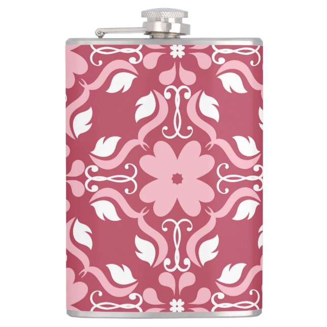 Red, beige floral, seamless wallpaper pattern. hip flask (Front)