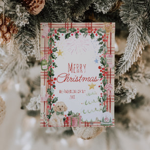 Red Beige Gingham Cute Holly Berries Christmas Holiday Card